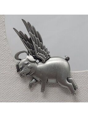 Flying Pig Pin Brooch JJ Pewter Angel Wings Vtg 1980s Fun Whimsical 2" Collectib